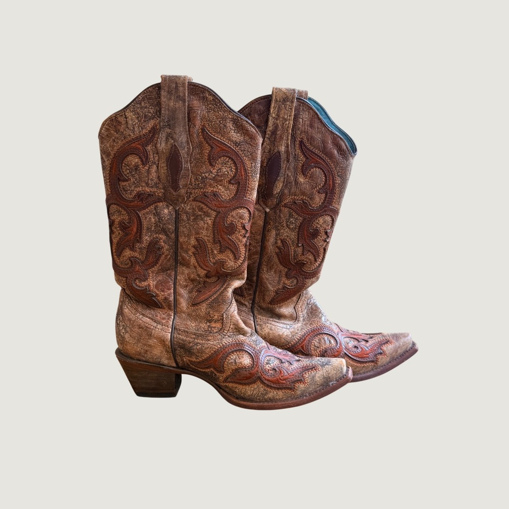 Corral Vintage Brown Distressed Leather Embroidered Snip Toe Western Boots 8.5M